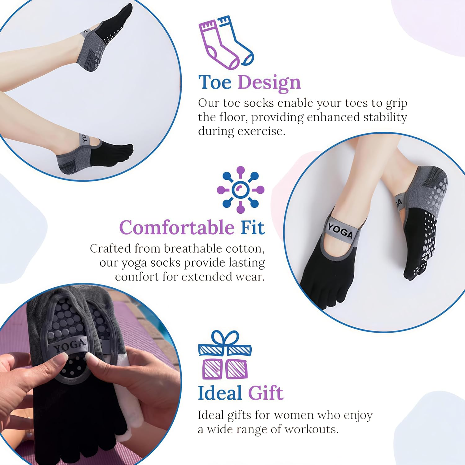 Pilates Socks Yoga Socks with Grips for Women Non-Slip Grip Socks for Pure Barre, Ballet, Dance, Workout - 2, Black And Grey image number 5