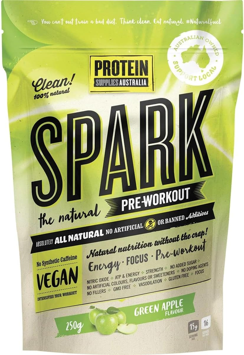 Protein Supplies Australia Spark All Natural Pre-Workout Powder, Green Apple 250 G, Green Apple, 250 G image number 1