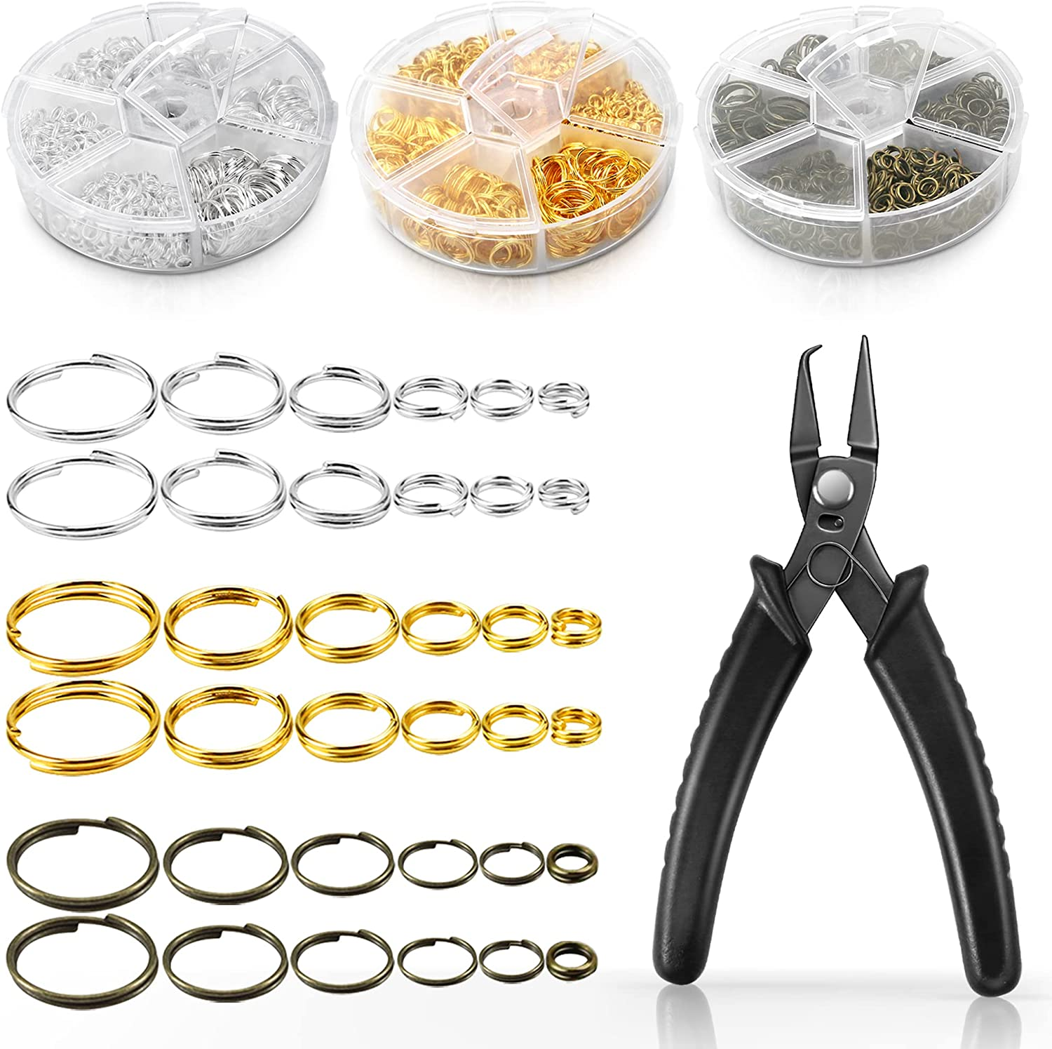 FSWCCK Split Rings Kit, 2070 PCS Double Loops Split Jump Ring with Split Ring Pliers, Mini Metal Ring Connectors 4Mm To12Mm for Jewelry Making and DIY Crafts, Silver, Gold and Bronze image number 5