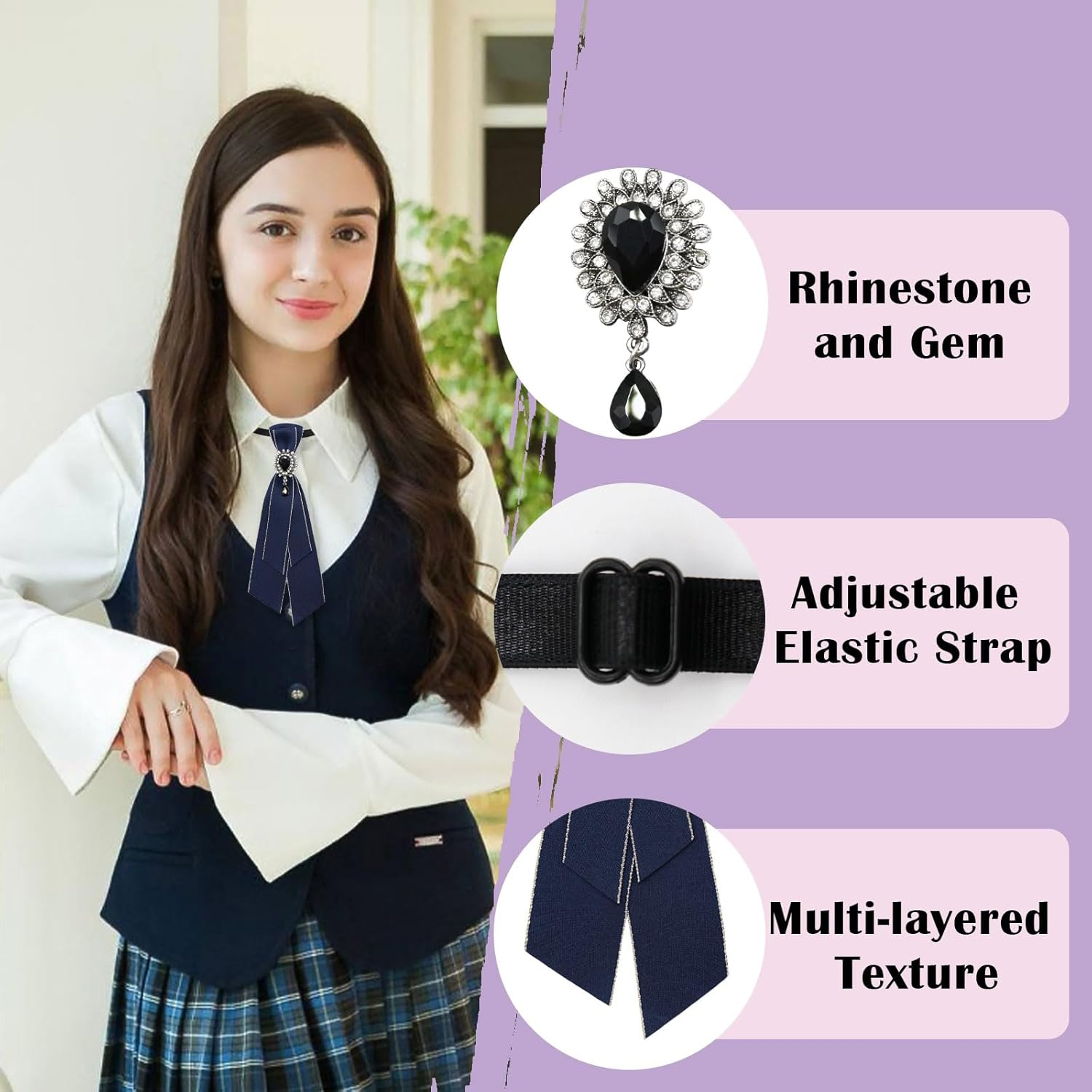 Bow Tie for Women, Adjustable Womens Tie Girls Uniform Ties Pre Tied Womens Necktie with Artificial Pearl for School