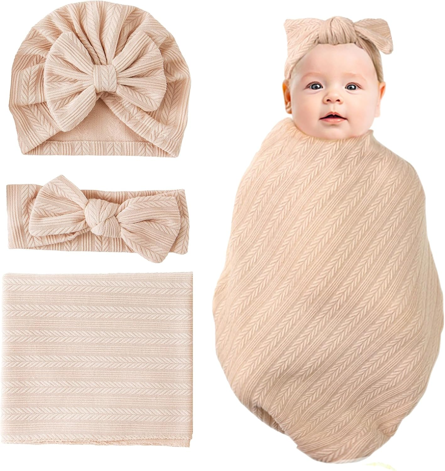 Jastore Baby Infant Swaddle Blankets for Girls 3PCS Newborn Accessories Set with Matching Hat and Bow Headband (Beige, 33"*35")