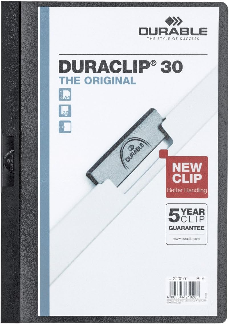 Durable DURACLIP 30 A4 Clip Folder - Holds up to 30 Sheets of A4 Paper - Strong Metal Sprung Clip - Pack of 25 Black Colour Folders for Organising Documents