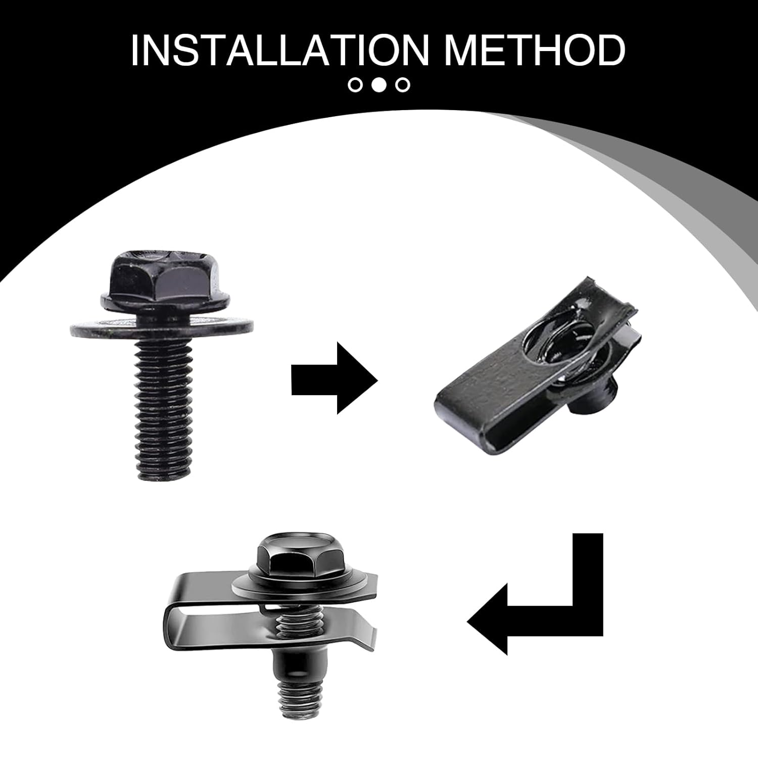 UGSHY 20 PCS Automotive Body Bolt and U-Nut Clamp Kit, Hood Guard Spiral, Bumper Fender Liner Push Pull Metal Rust-Resistant U Retainer, Universal for Most Cars Fastening Accessories (Black) image number 4