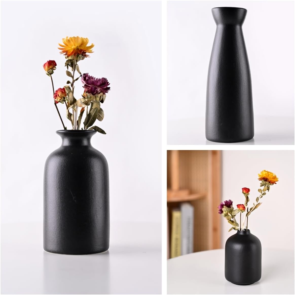Black Ceramic Vase Set-3 Small Flower Vases for Decor Boho Vase Distressed Farmhouse D&eacute;cor, Pottery Decorative Flower Vase for Home Decor, Table, Living Room Decor, Idea Shelf image number 5