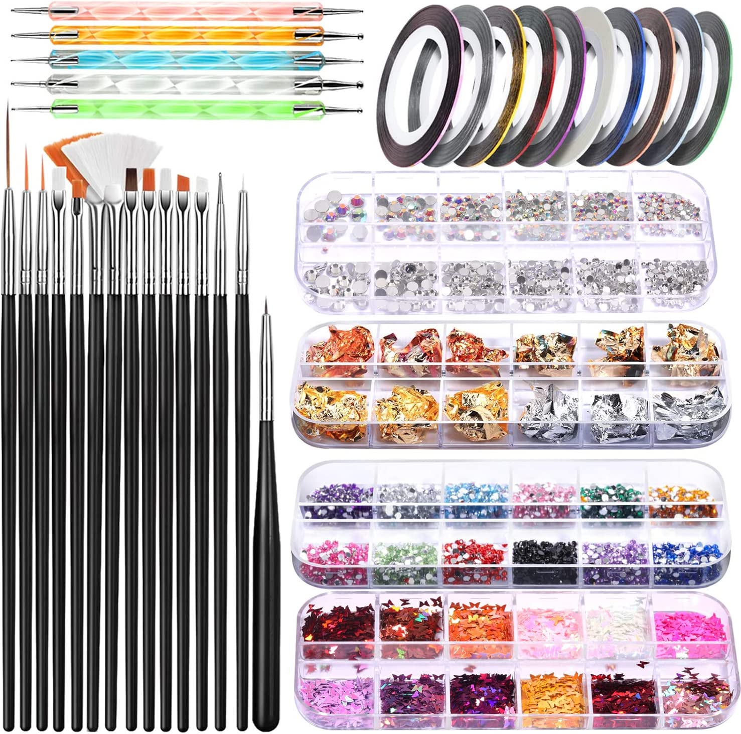 BEETIY Nail Art Tool Sets Nail Art Brush, 3D Nail Art Decorations Kit with Nail Pen Designer Dotting Tools Colors Holographic Butterfly Nail Glitter Foil Flakes Nail Tape Strips and Multi-Color Nails Rhinestones Art Stickers image number 6