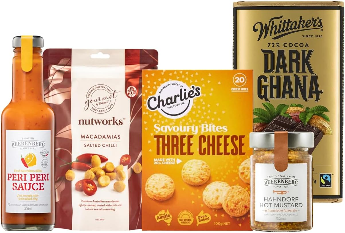 Gourmet Hamper, Luxury Gift Hamper with Hot Mustard, Peri Peri Sauce, Cheese Bites, Salted Chilli Macadamias, and Dark Chocolate image number 1