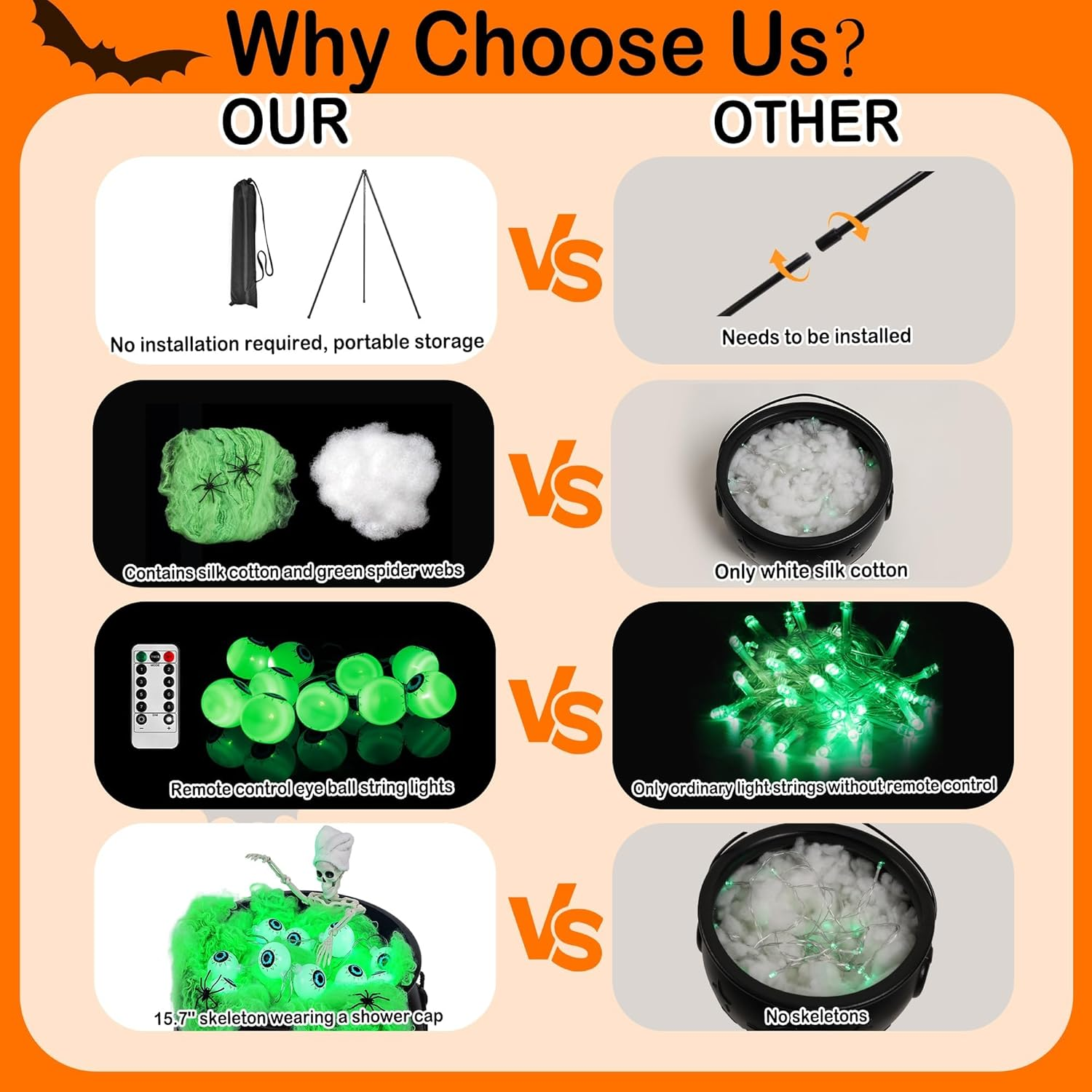 Halloween Decorations Outdoor Witches Cauldron, Large Cauldron on Tripod with String Lights, Skeleton and Eyeballs, Suitable for Halloween Party Indoor Porch Outdoor Lawn Yard Decor image number 2