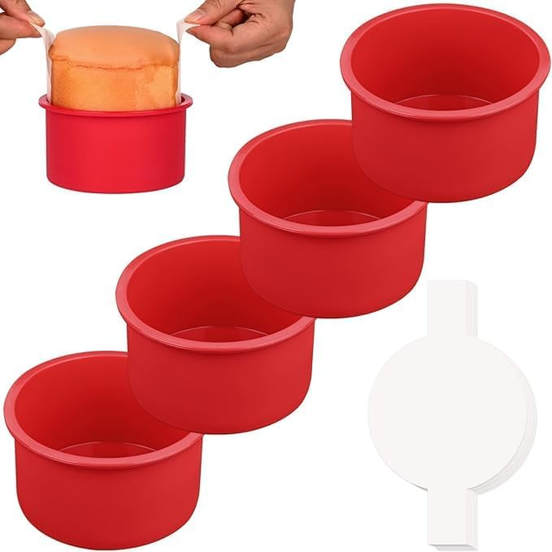 Set of 4 Silicone Mini Cake Moulds, round Non-Stick Baking Molds with 100 Pieces Parchment Papers, Nonstick round Cake Pan for Smash Cakes, Layer Cakes, Cheese Caks, Non-Stick,10Cm Round image number 1