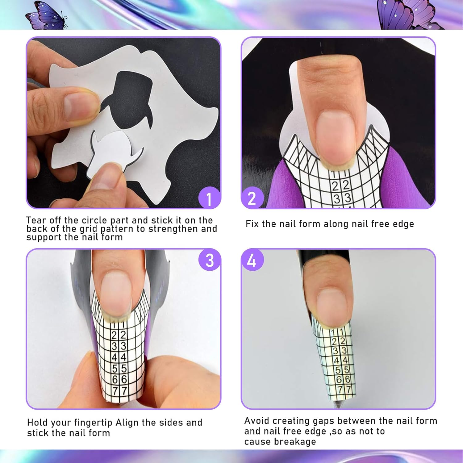 100Pcs Short Black Rainbow Purple Fish Patten Adhesive Nail Forms Guide for UV Gel Acrylic Curve False Nail Tips Extension,Hj-Ntf050 image number 5