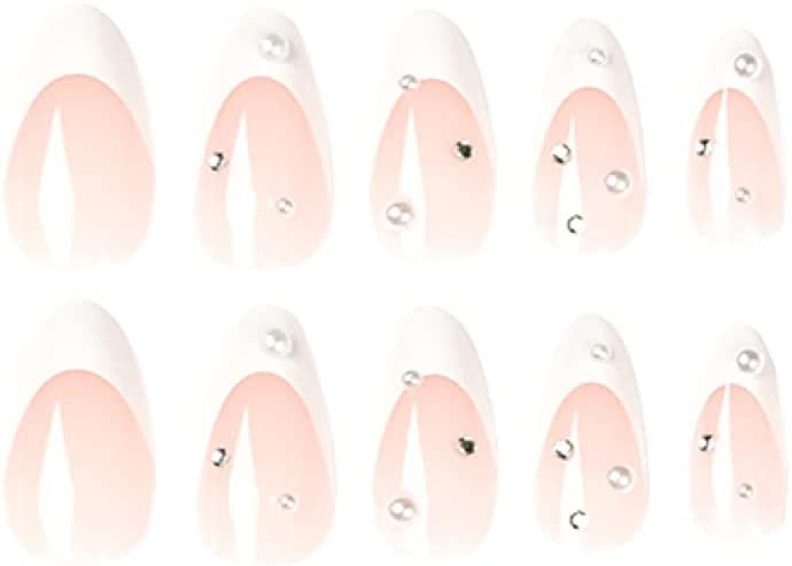 24PCS White French Tip Press on Nails Short Rhinestones Glossy False Nails Glossy Fake Nails Suitable for Woman and Girls Everyday Wear image number 1