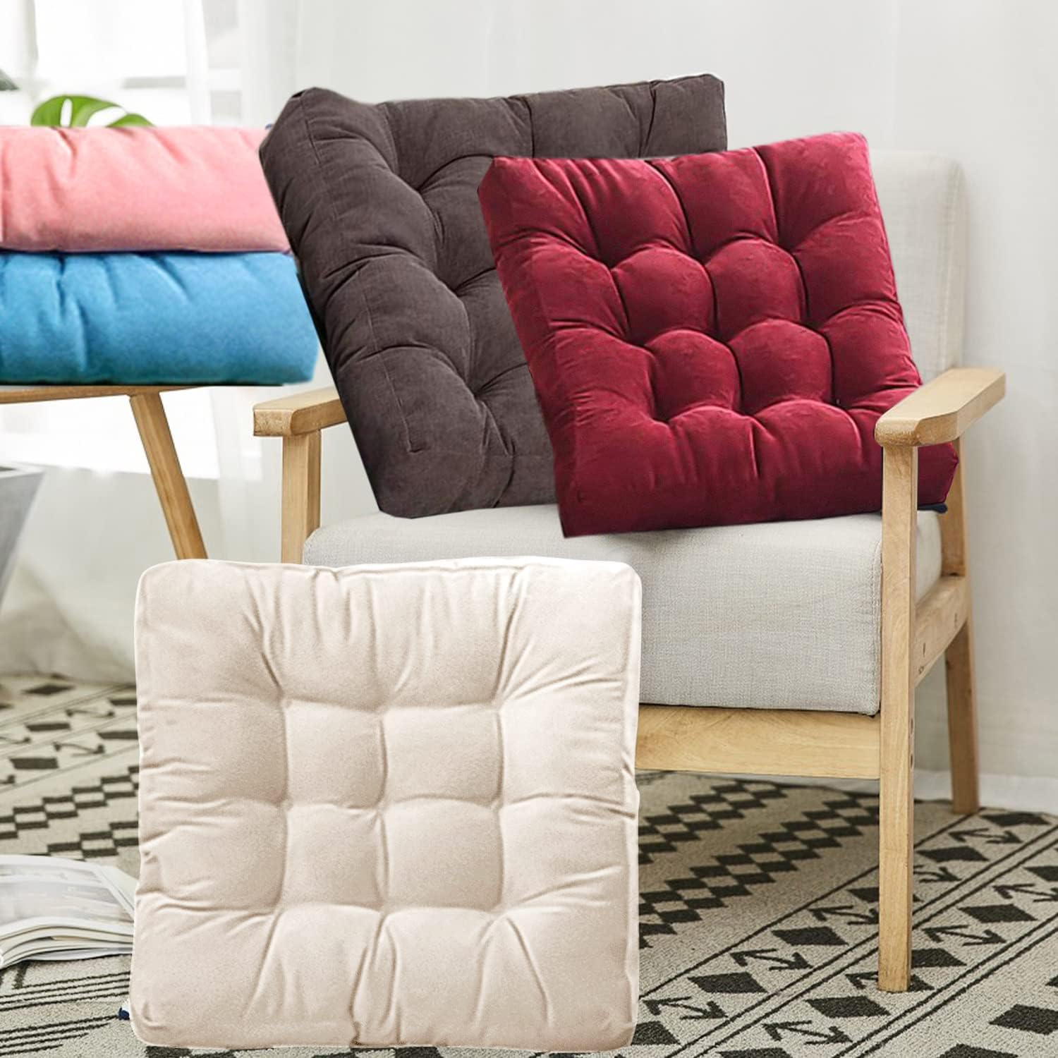 Floor Pillow, Square Meditation Cushion for Seating on Floor Solid Thick Tufted Seat Cushion Meditation Pillow for Yoga Living Room Bed Balcony Sofa Outdoor, Beige, Cushion 22X22 Inch