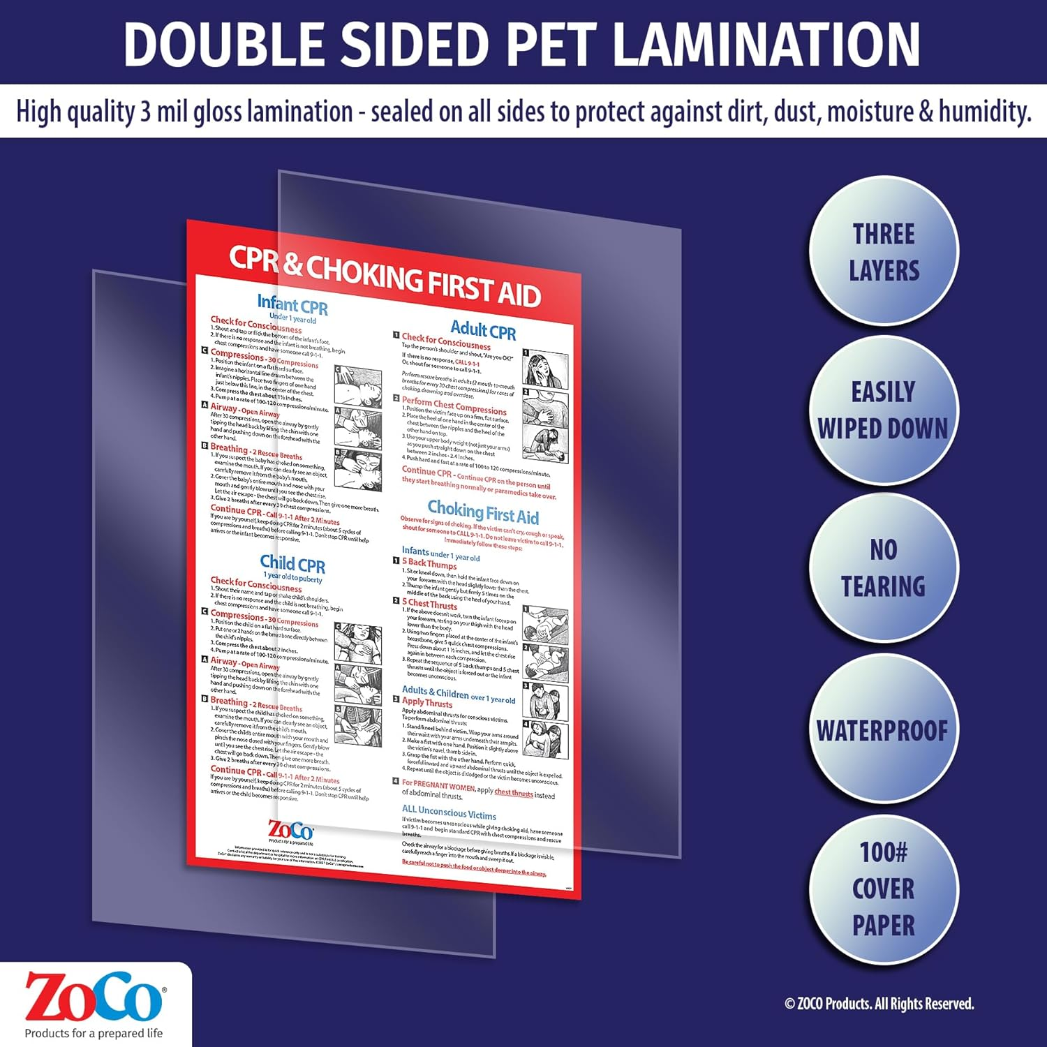 Safety Magnets CPR and Choking Posters for Infant, Child, Adult - Laminated, 12 X 18 In.