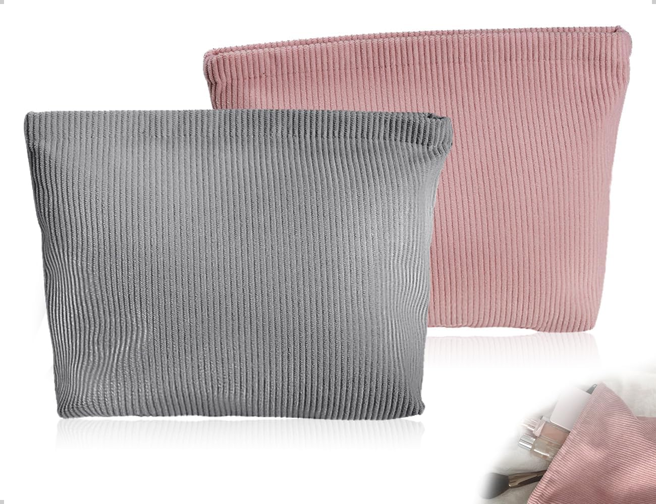 Emezddo Pack of 2 Cosmetic Bags, Portable Corduroy Women Girls Makeup Bag, Small Travel Make up Bag with Zip, Used for Travel, Home, Office, Skincare (Grey and Pink) image number 5