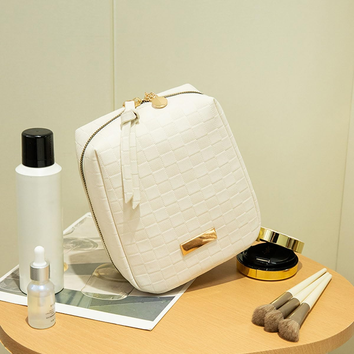 DDPOND Elegant Portable Plaid Cosmetic Bag for Women with Compartments Large Capacity Travel Makeup Bag for Purse (Pink) image number 3