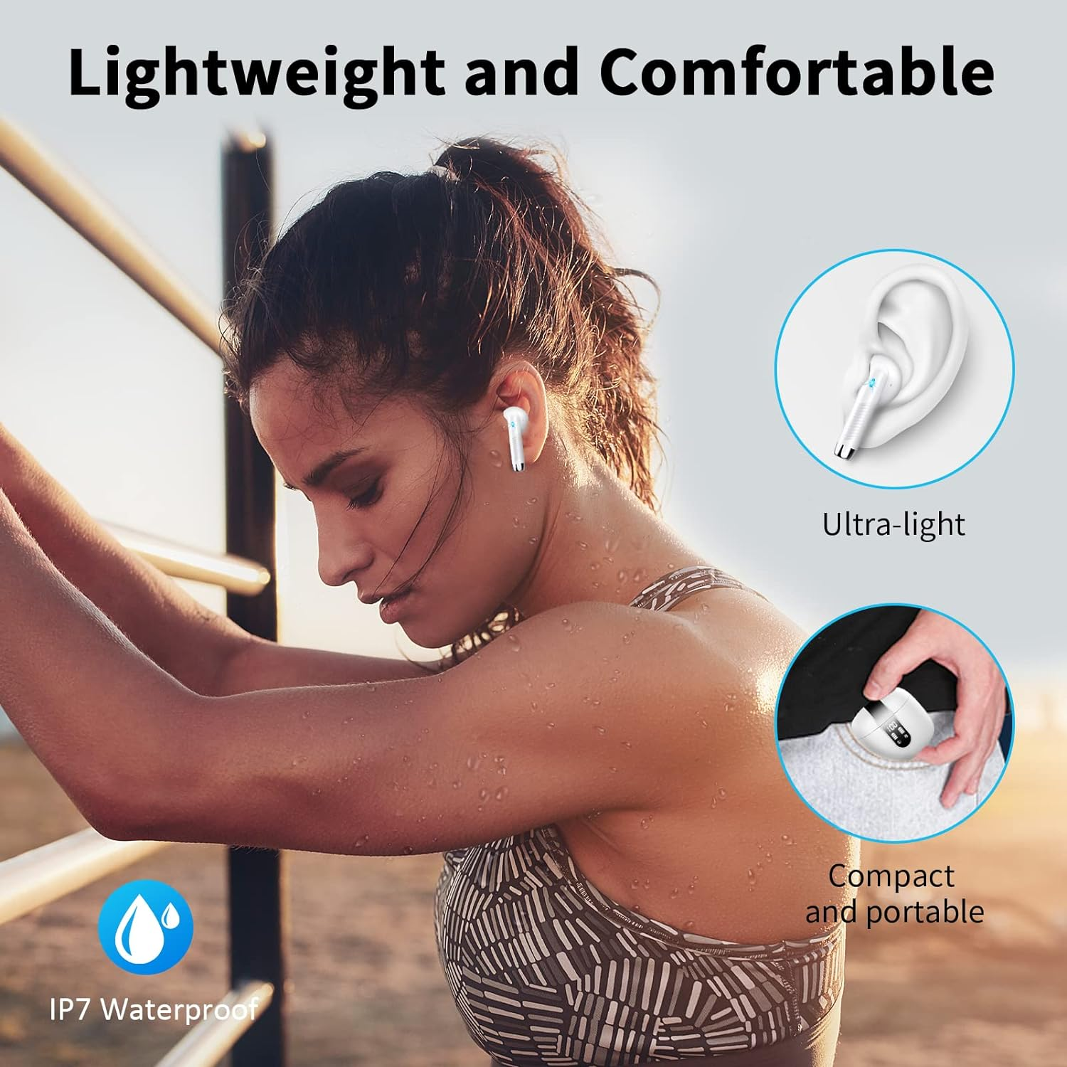 Bluetooth Headphones, In-Ear Headphones, Wireless Bluetooth 5.3 Wireless Headphones with 4 Mics, 2023 ENC Noise Cancelling Wireless Earbuds, 48H Deep Bass, IP7 Waterproof Earphones, LED Display, USB-C - Golden Pink image number 7