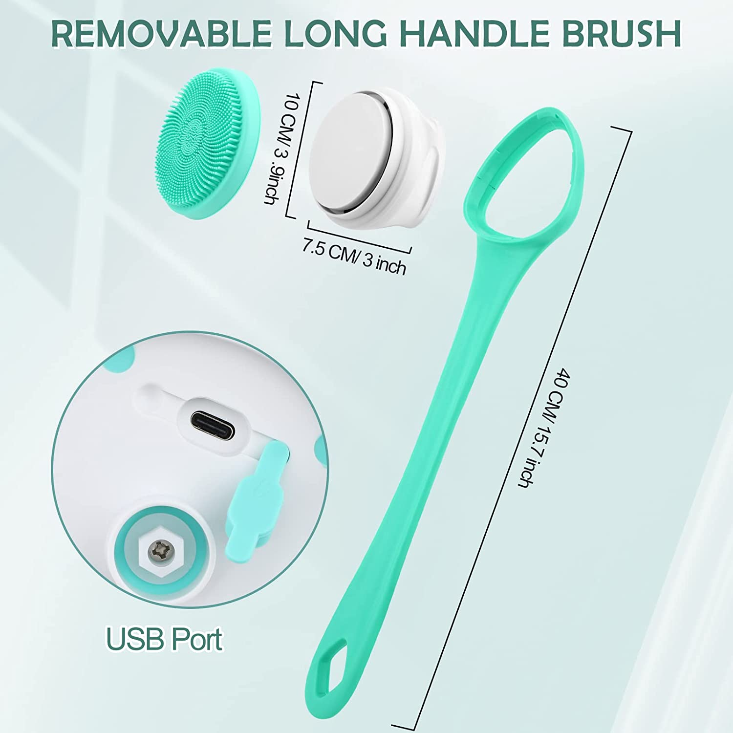 LINGSFIRE Electric Body Bath Brush, Rechargeable Back Brush Long Handle for Shower with 5 Spin Shower Facial Brush Head Waterproof Silicone Body Scrubber Exfoliating Deep Cleansing Brush for Women Men image number 5