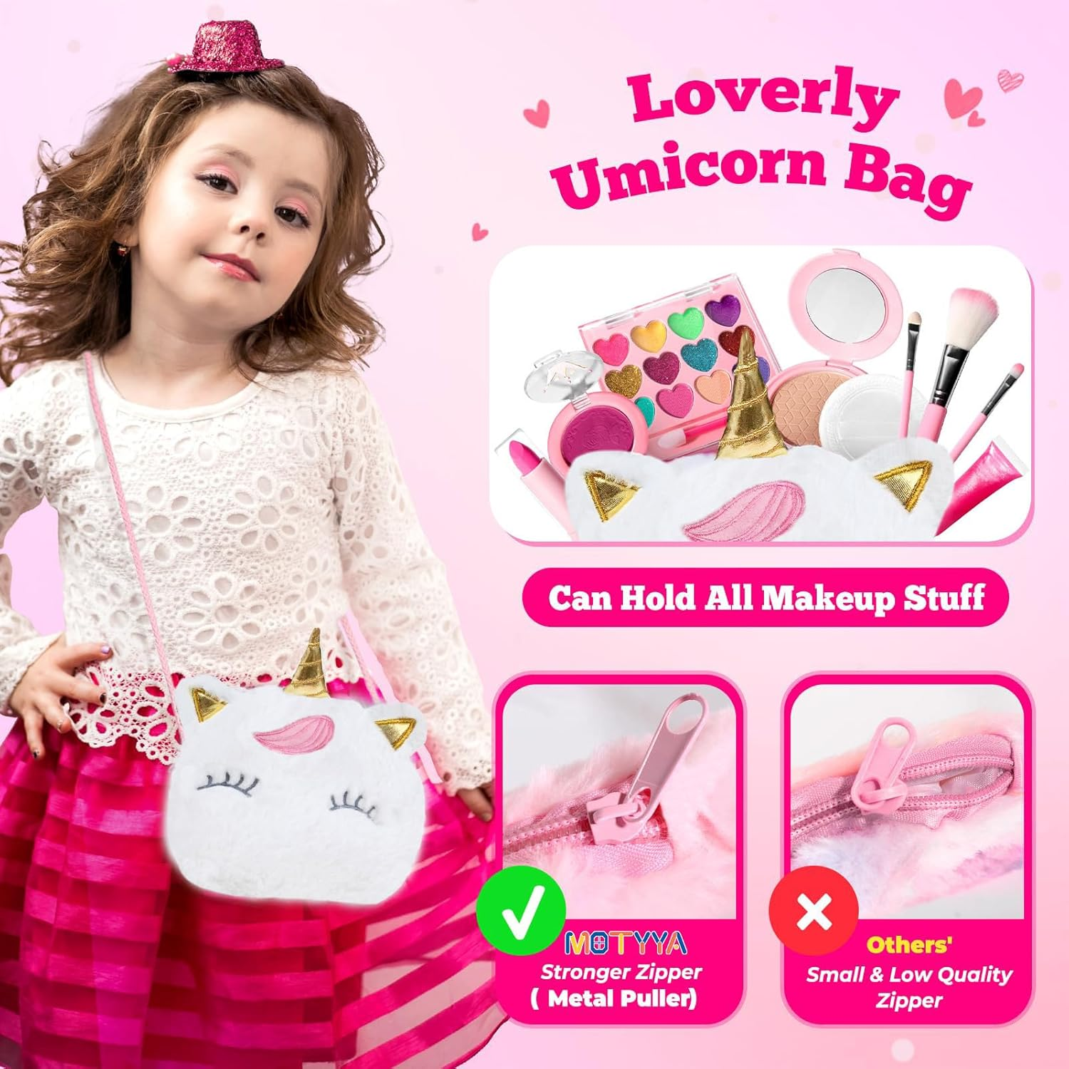 MOTYYA Kids Real Makeup Kit for Girls, Non Toxic, Washable Make up Set with Mini Coin Purse Cute Umicorn Princess Toys for 3 4 5 6 7 8 9 10 12 Years Old Little Girls Birthday Gift(White) image number 4