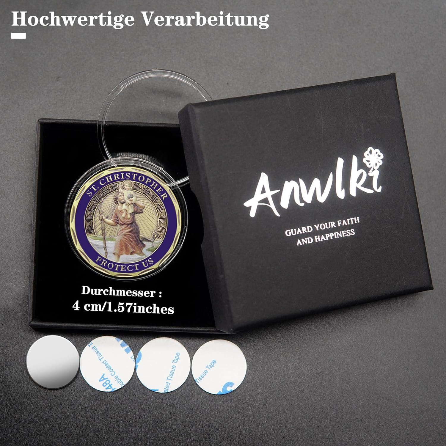 Saint Christopher Car Badges Diameter 4 Cm Saint Christopher Medal Protect Us Come Good Home Gift with 1 Magnet Iron Piece and 3 Double-Sided Adhesive Stickers (Colourful) image number 3