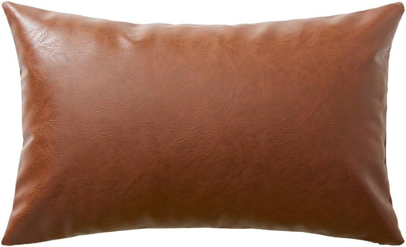 Fancy Homi Brown Boho Lumbar Faux Leather Decorative Throw Pillow Covers 12X20 Inch for Living Room Couch Bed Sofa, Hand Stitched Rectangle Cushion Case 30X50 Cm, Rustic Modern Farmhouse Home Decor