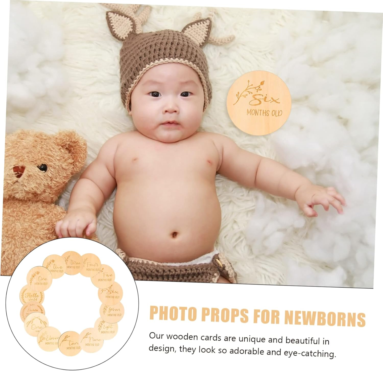 MERRYHAPY 14Pcs Wooden Milestone Cards Set Unisex Photo Props for Newborns Milestone Discs for Memorable First Year Adorable Growth Announcement Plaques Smooth Finish for Safe Use image number 3