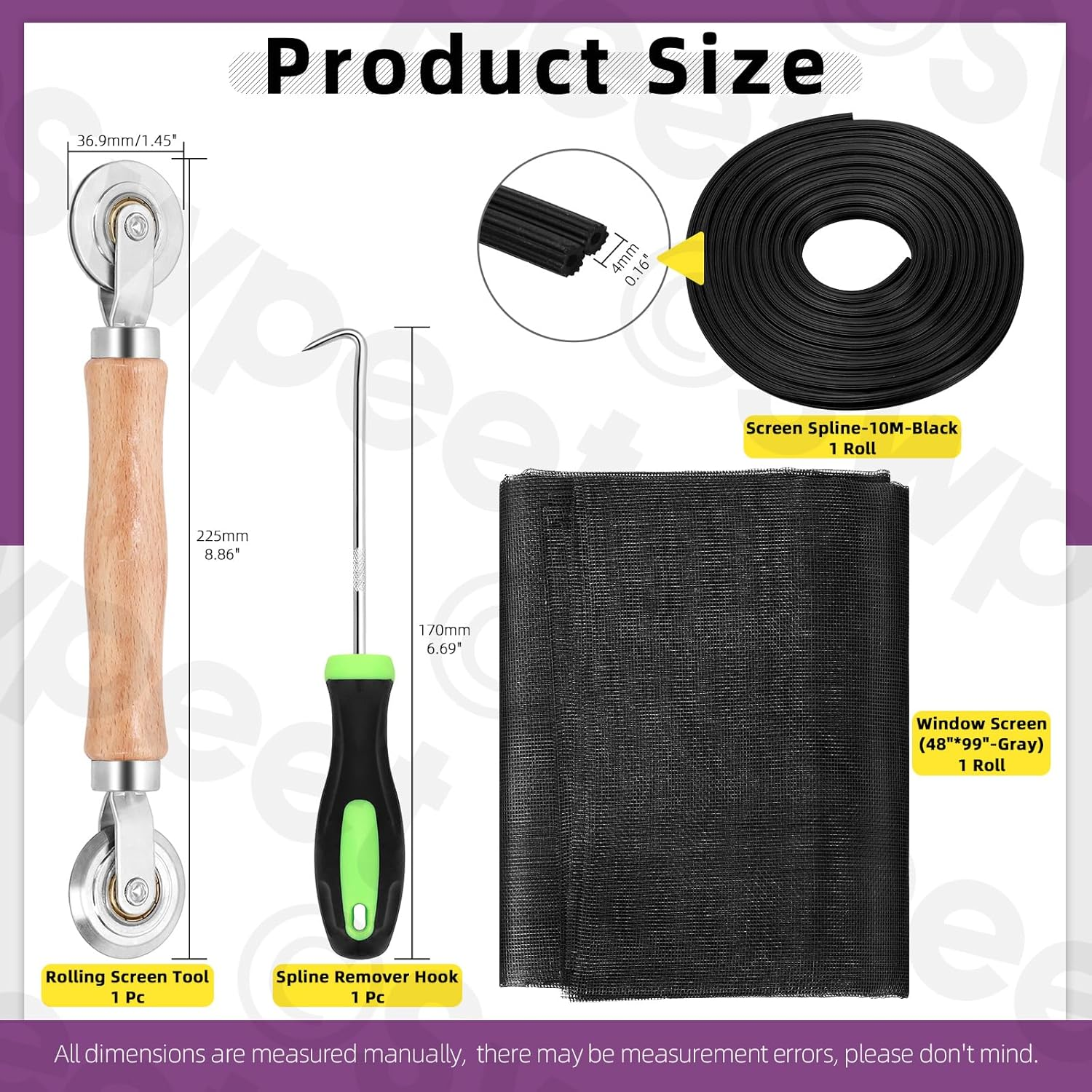Swpeet 4Pcs Screen Repair Kit, Include Black Screen Mesh, Double Sided Screen Roller, Window Screen Hooks, Retainer Spline, for Replacing & Installing Door and Window Screens image number 1