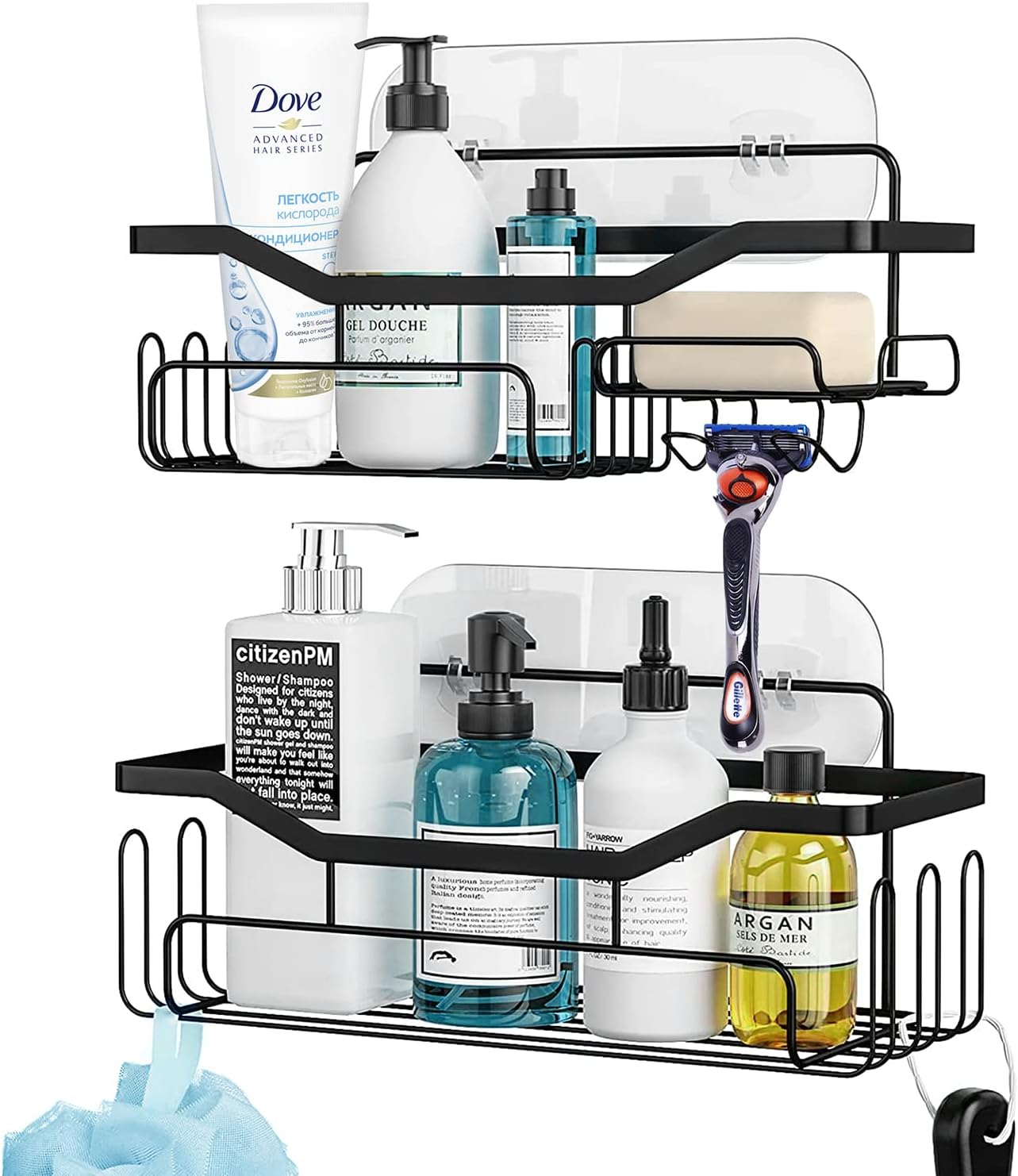 Boperzi Shower Caddy Black Bathroom Organiser - Stainless Steel Wall Shelf Storage Rack Rustproof Wall Mounted No Drilling Holder for Kitchen Storage & Organisation with Hooks, Adhesive Pad, 2 Pack image number 5