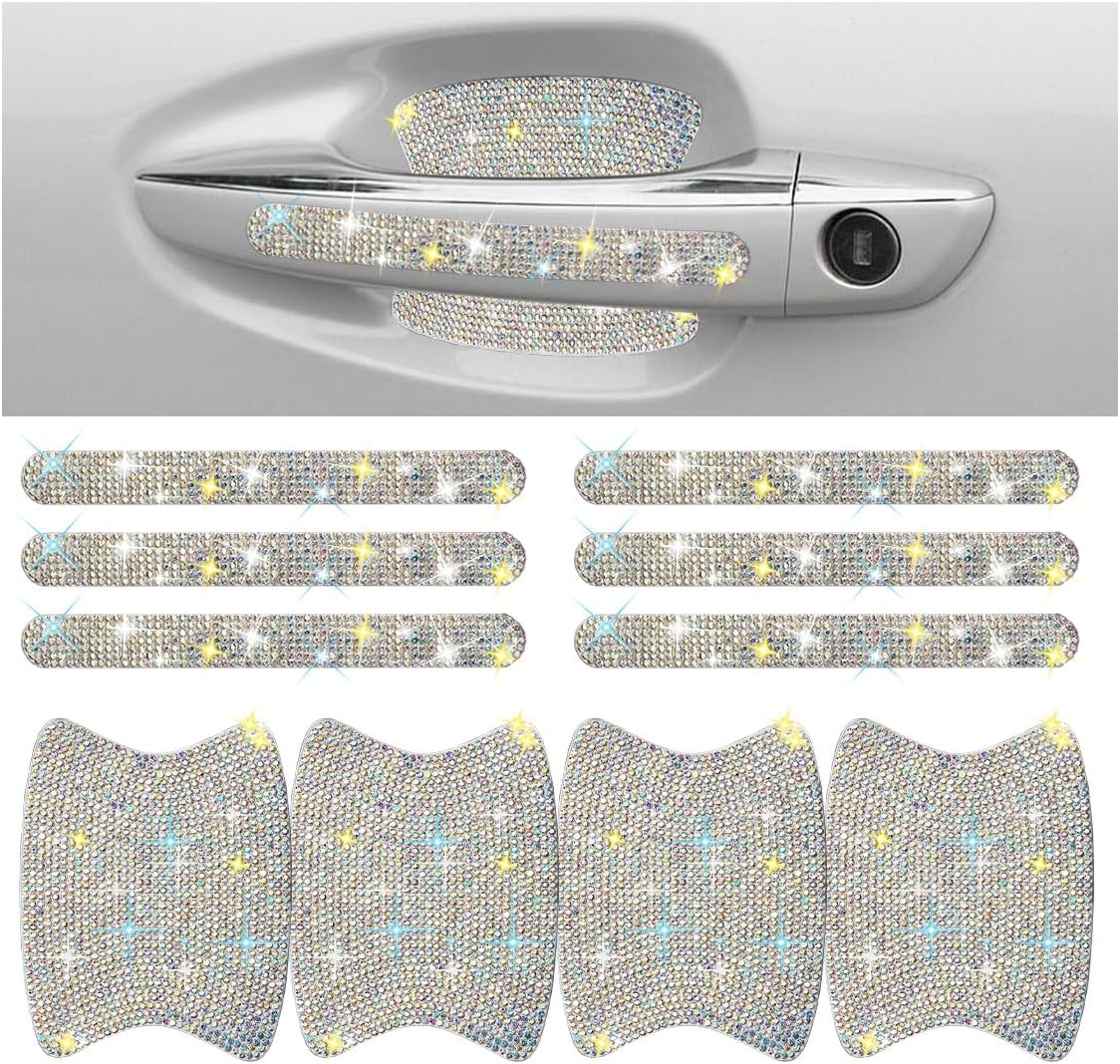 10PCS Bling Car Door Handle Anti-Scratch Sticker, Bling Car Door Handle Sticker, Universal Car Doors Handles Protective Cover, Shiny Rhinestone Auto Decor Accessories for Women (Pink)