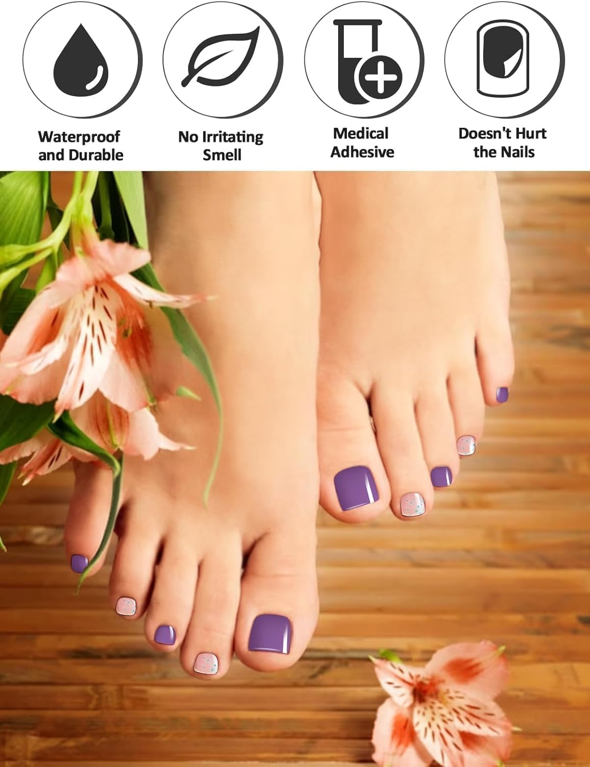 Kalolary Semi Cured Gel Toenail Strips,Toenail Stickers Pedicure Strips Long Lasting Salon Quality Nail Wraps with Nail File & Wood Stick(Uv/Led Lamp Required image number 5