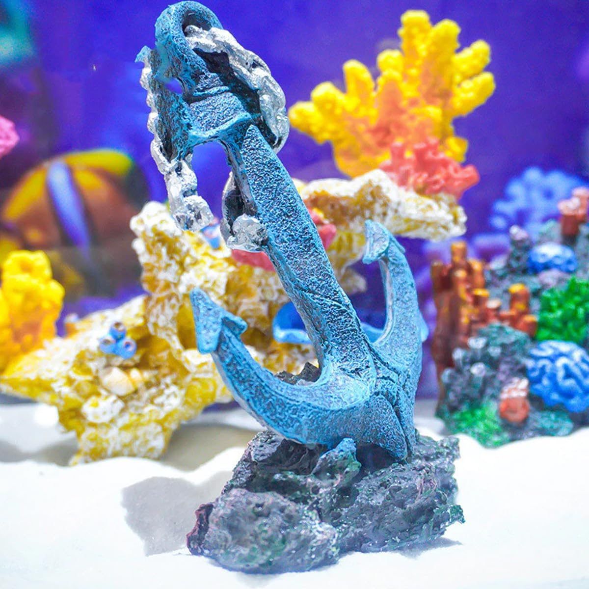 AIMALL Resin Aquarium Anchor Decoration 5.9In Fish Tank Shipwreck Ornament with Chain Detail for Underwater Marine Landscape Decor, 4.13In Base Width