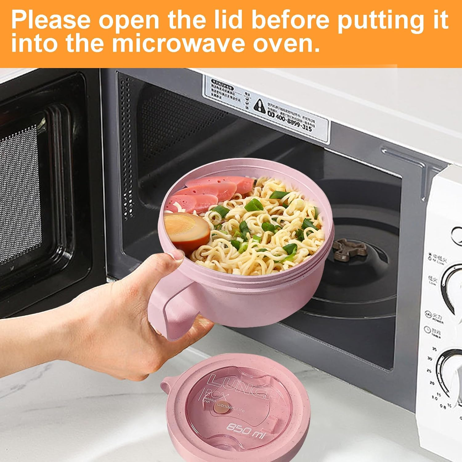 2Pack 28.7Oz Wheat Straw Microwave Ramen Bowl Set Noodle Bowls with Lid and Spoon,Improved Easy-Grip Design for On-The-Go - Holds Soup, Rice, Cereal,More,Bpa-Free(Pink+Green) image number 5