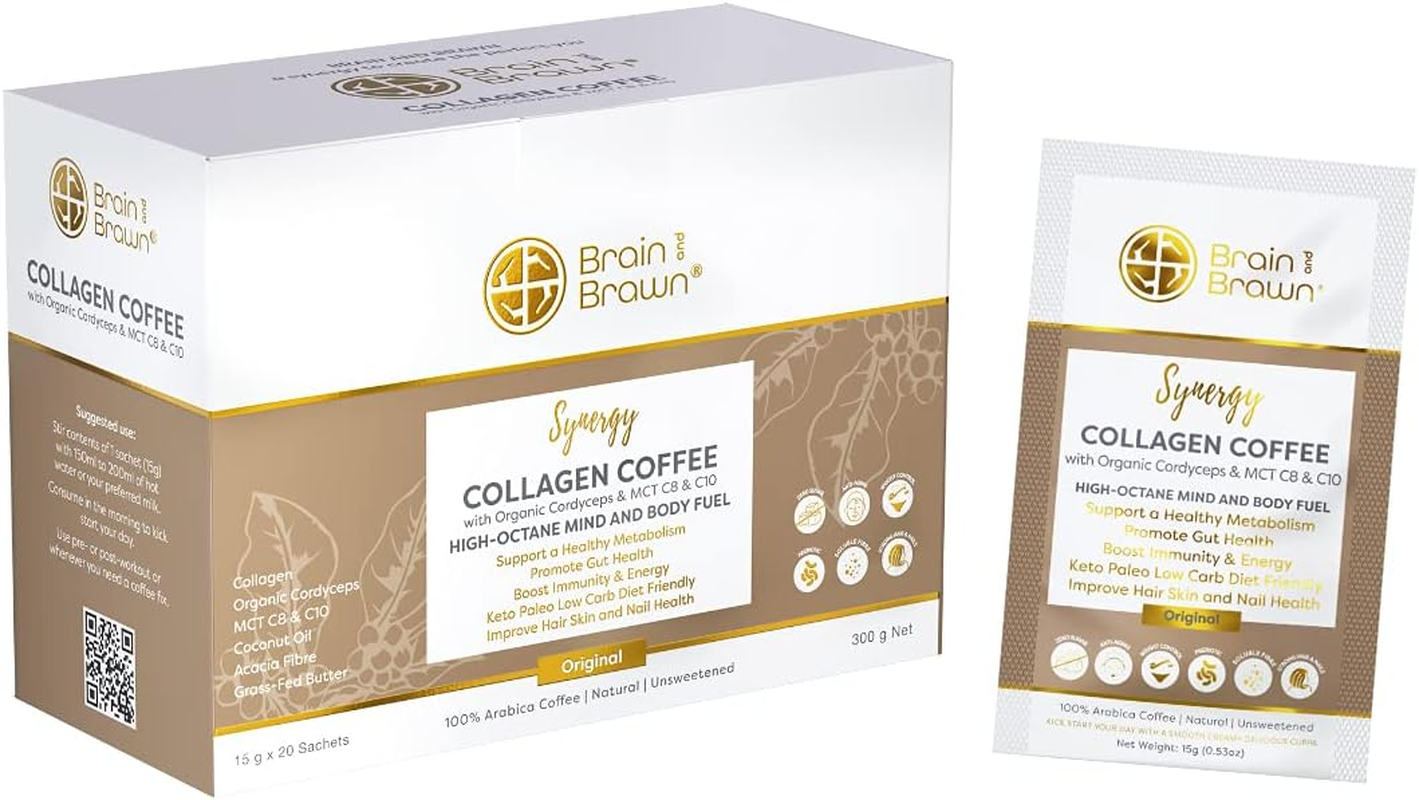 Brain and Brawn Synergy Collagen Coffee (20 X 15G Sachet) with Organic Cordyceps and Collagen Peptides for Skin, Hair and Nail Health, MCT Oil, Organic Cordyceps and Acacia Fibre, 100% Arabica Coffee, Unsweetened, All-In-One Beauty Coffee 300G (20 Serves) image number 5