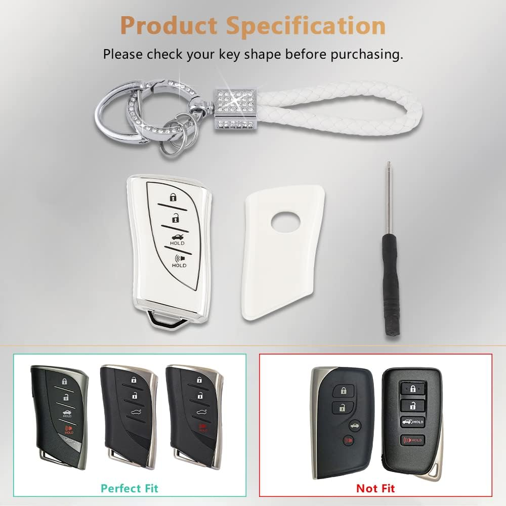 PIFOOG Lexus Key Fob Cover Bling Keychain TPU Car Keys Case Shell Protector Protection for Lexus GX ES NX LC RC LS UX Accessories 4 Buttons, White and Silver Edge, for Lexus image number 5