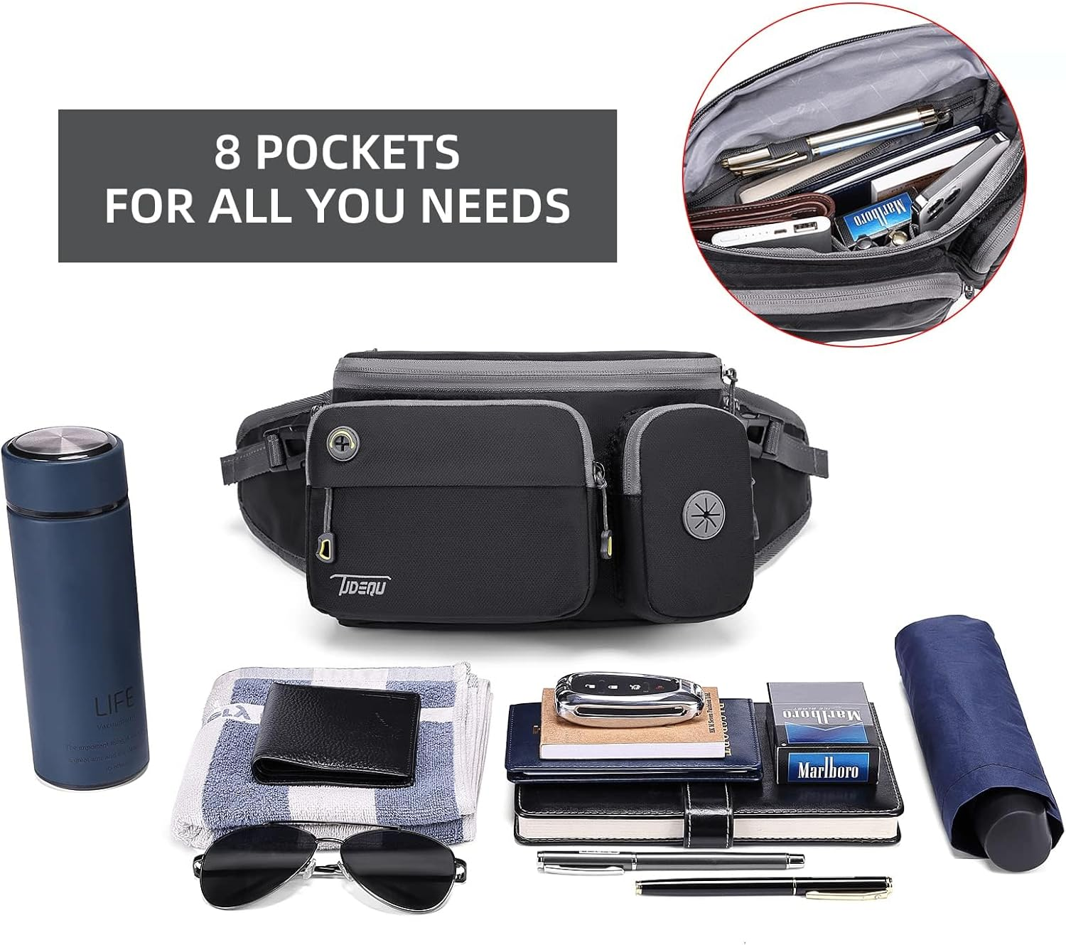 TUDEQU Large Fanny Pack with Water Bottle Holders,Dog Walking Fanny Pack,Hiking Waist Pack,Mens Fanny Pack,Waist Bag - Black image number 2