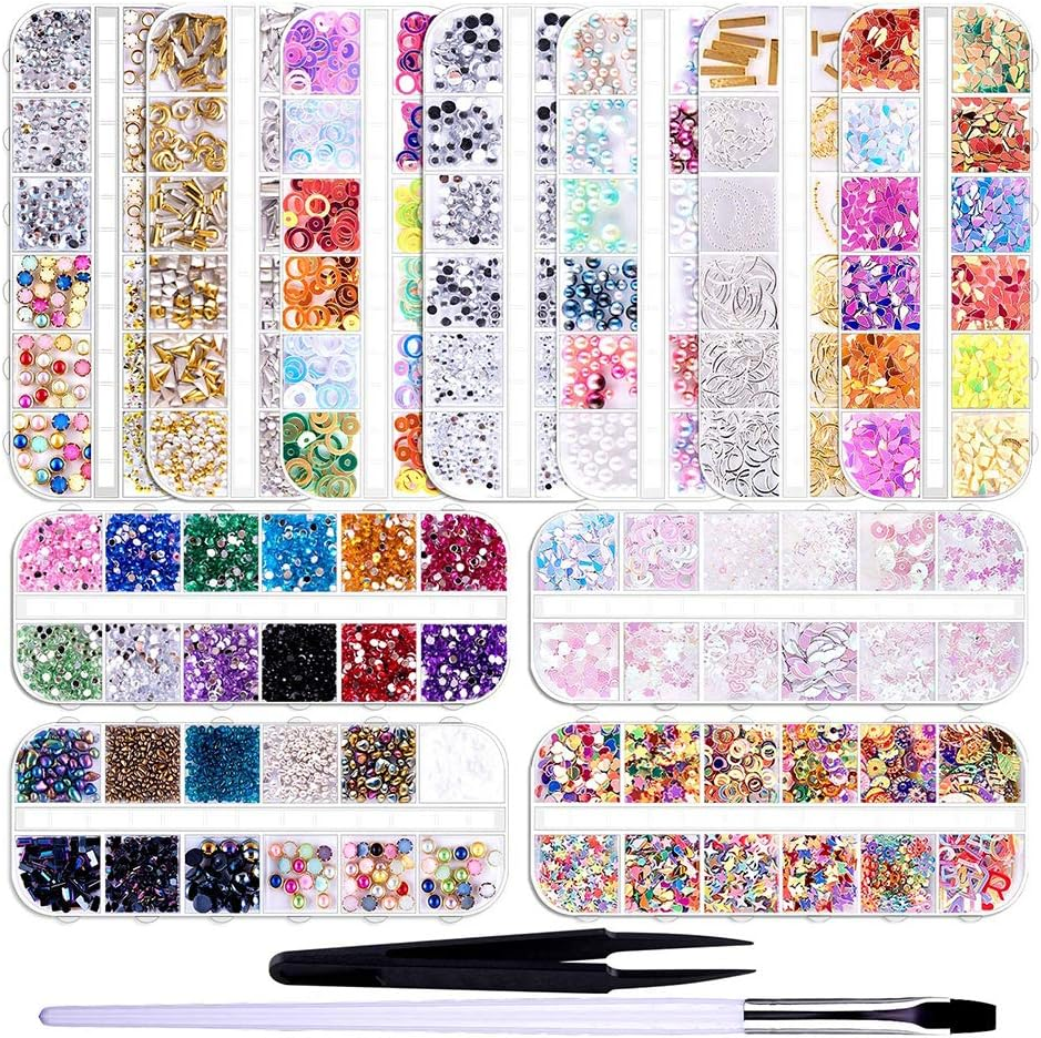 11 Boxes Nail Gems Nail Art Decoration Nails Diamonds with Pick up Tweezers