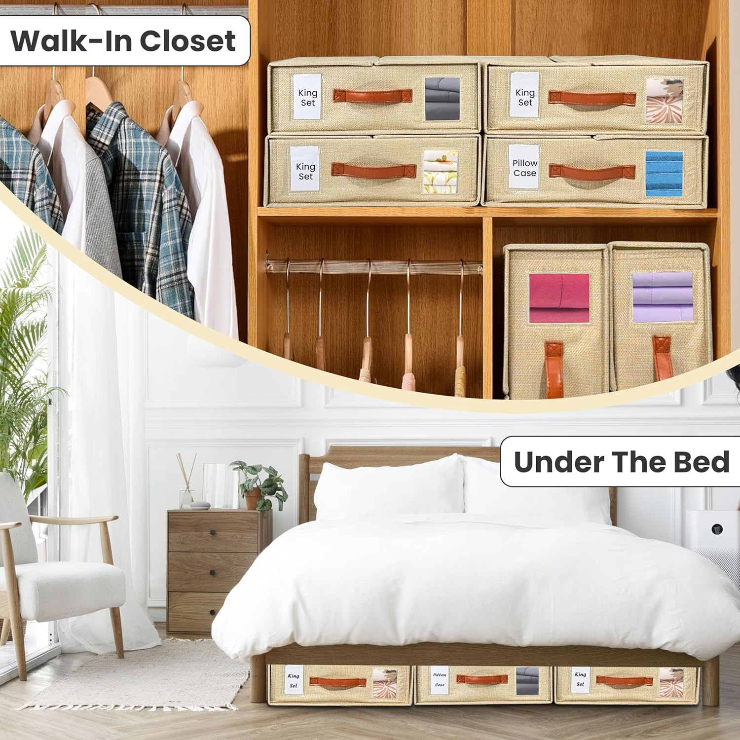 4Pcs Bed Sheet Organizer - Linen Storage Bedding Wardrobe Organizer Box with Zip for Sheets (King & Queen Size)-Duvet Covers-Home Storage & Organisation (Beige) image number 6