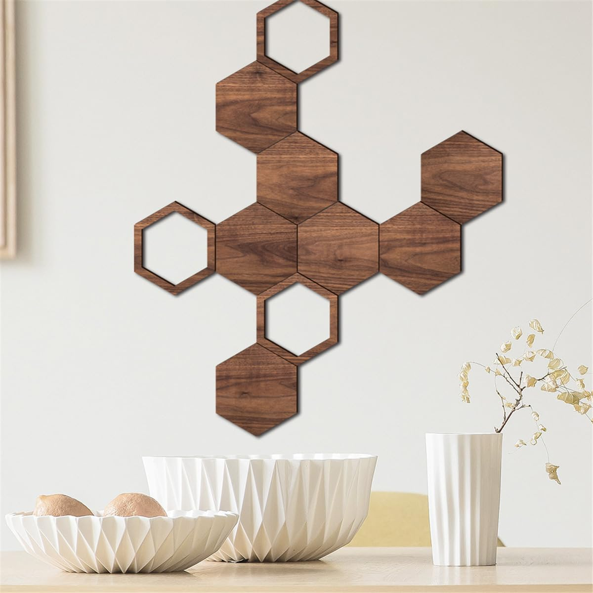 Wooden Hexagon Wall Decor - 10 Pcs Creative Wood Wall Panels, Self Adhesive Hexagon Wall Decals for Living Room, TV Background, Bedroom, DIY Home Decoration image number 5