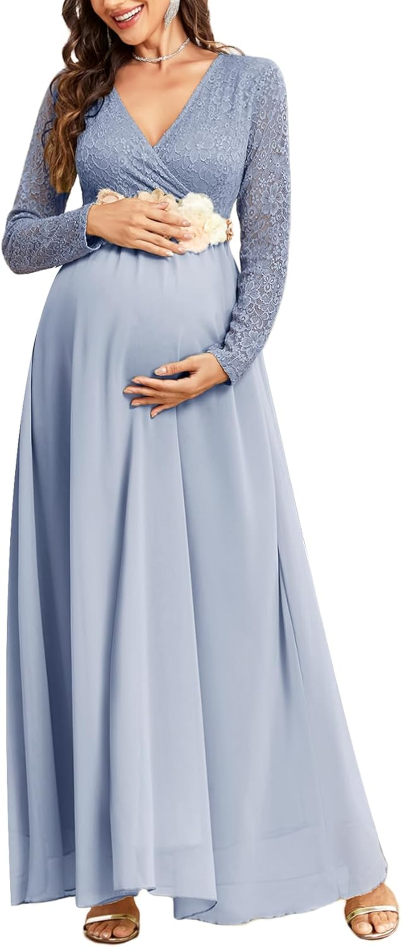 CYCLAMEN Maternity Dress Flowy A-Line Wrap Gown with Floral Lace and Contrast Chiffon Long Sleeve V Neck for Baby Shower