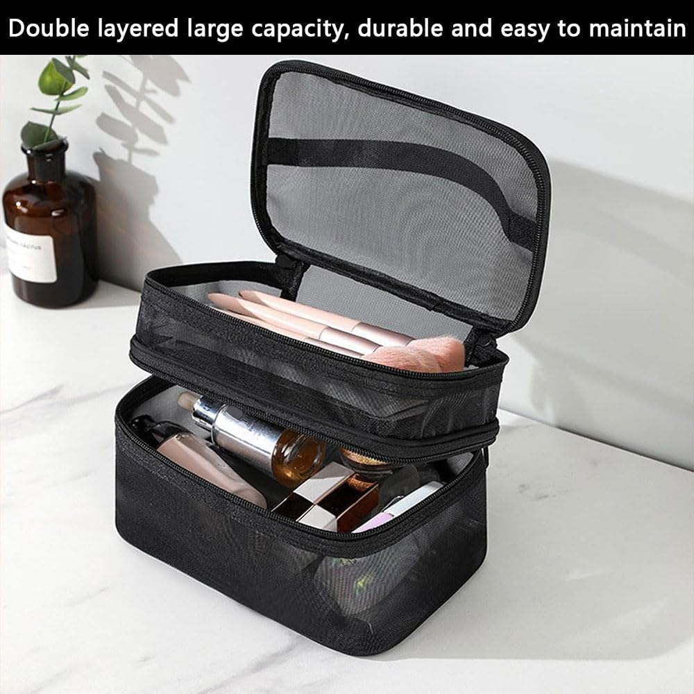 RUTREZOGO 3 Pack Mesh Makeup Bags, Zippered Cosmetic Organizer Pouches Set (Small, Medium, Large), Black Travel Toiletry Makeup Purses for Daily Use, Accessories & Stationery Storage image number 2