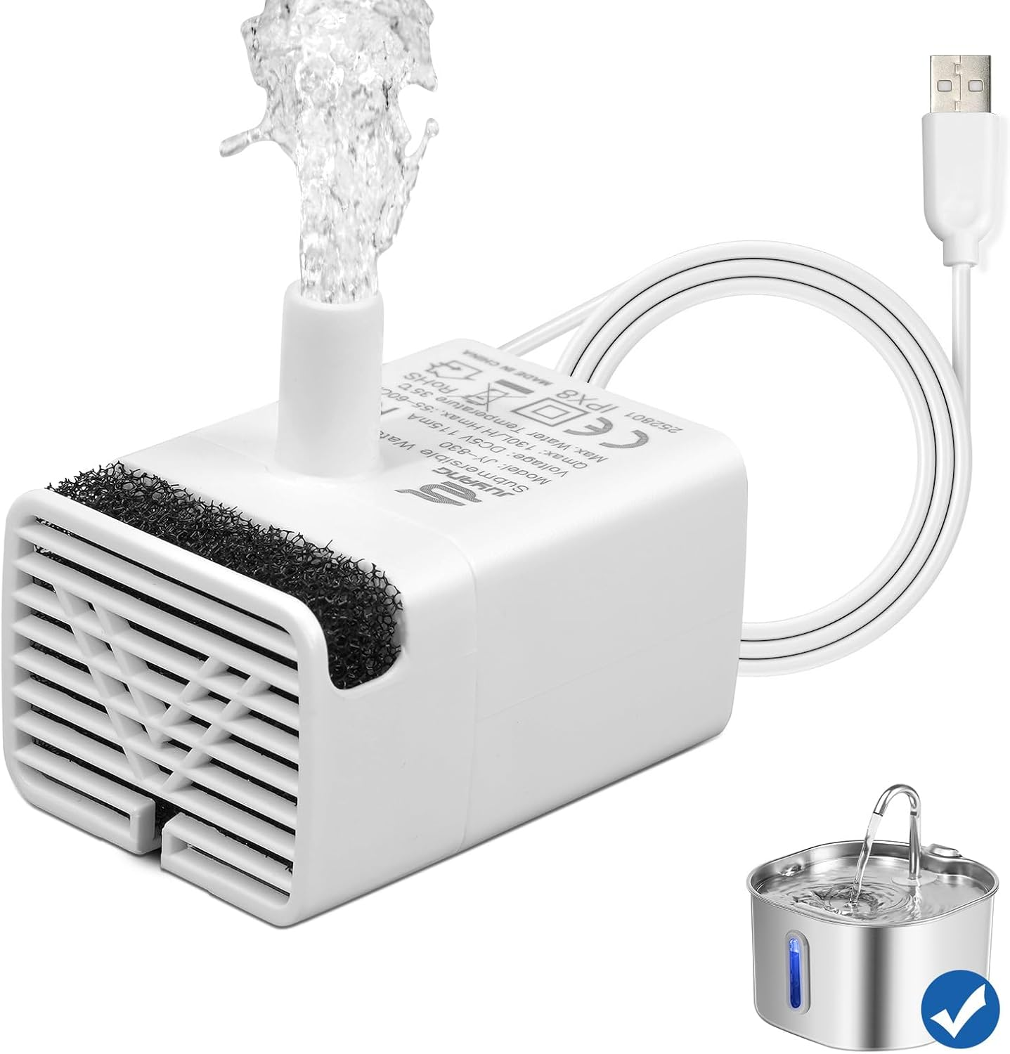 Cat Water Fountain Pump, Replacement Pump for 2L/68OZ Stainless Steel Pet Water Fountain, Pet Fountain Pump for Adjustable Water Flow Water Dispenser, Ultra Quiet Cat Dog Drinking Fountain Pump image number 6