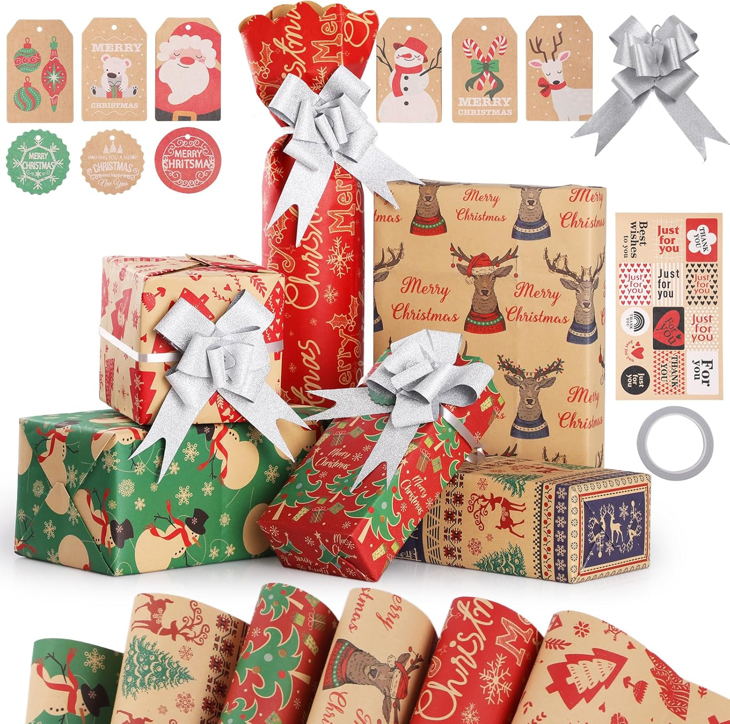 Wrapping Paper 50 * 70CM Xmas,Geeric 6PCS Wrapping Kraft Paper+Tape+9Tag+10Pull Bow+Renewable Santa Claus Snowflakes Vintage DIY Package Gift Box Decoration Paper for Christmas New Year Party