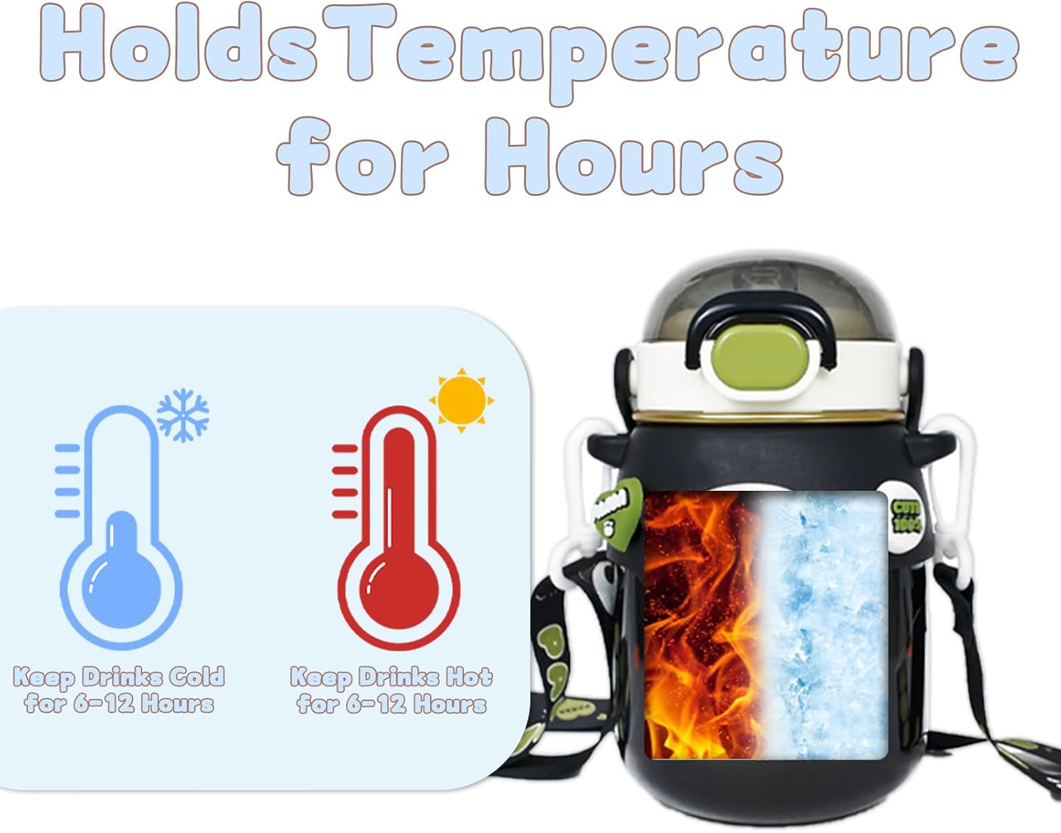 Landofgenie Insulated Stainless Steel Straw Water Bottle Cute Panda Shaped Cup Adjustable Strap Portable Handle Drinking Bottle for Gym, Hiking, School, Office, 24 Oz （Green） image number 2