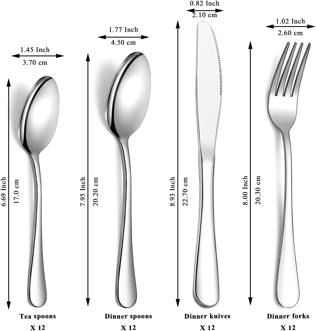 Evanda Cutlery Set 48 Piece Service for 12, Stainless Steel Flatware Set, Include Knife Fork Spoon Silverware Set, Durable Home Kitchen Tableware Set, Mirror Polished, Dishwasher Safe image number 4