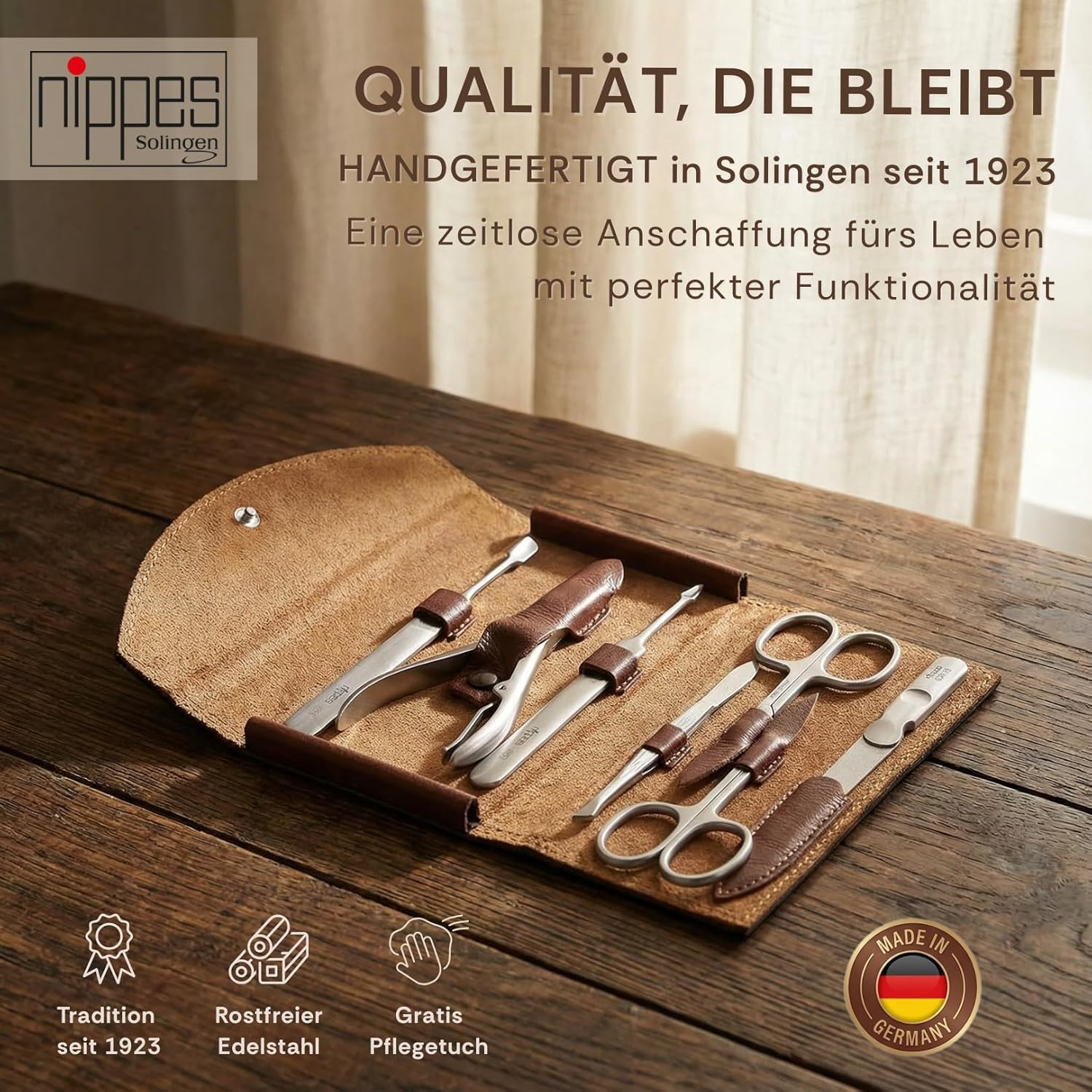 Nippes Solingen Classic Premium Manicure Set, 7 Pieces, Genuine Cowhide Leather Nail Case, Brown, Stainless Steel, Nickel and Rustproof, Nail Set, Nail Care Set, Made in Solingen/Germany image number 6