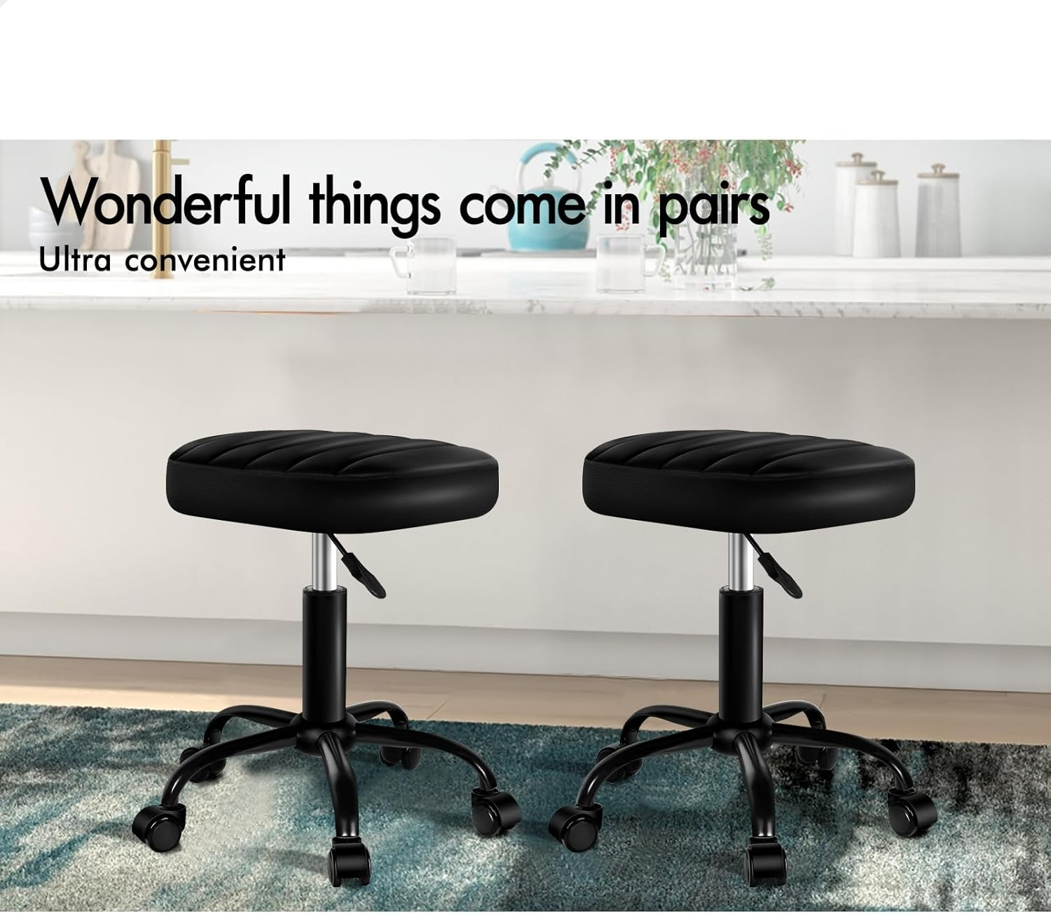 ALFORDSON Salon Stool with PU Leather Upholstery, Adjustable Drafting Rolling Stools in 49-64.5Cm Height, Swivel Spa Chair with Rolling Wheels Hair Barber for Massage Table(Lina Black) - Lina Black image number 2