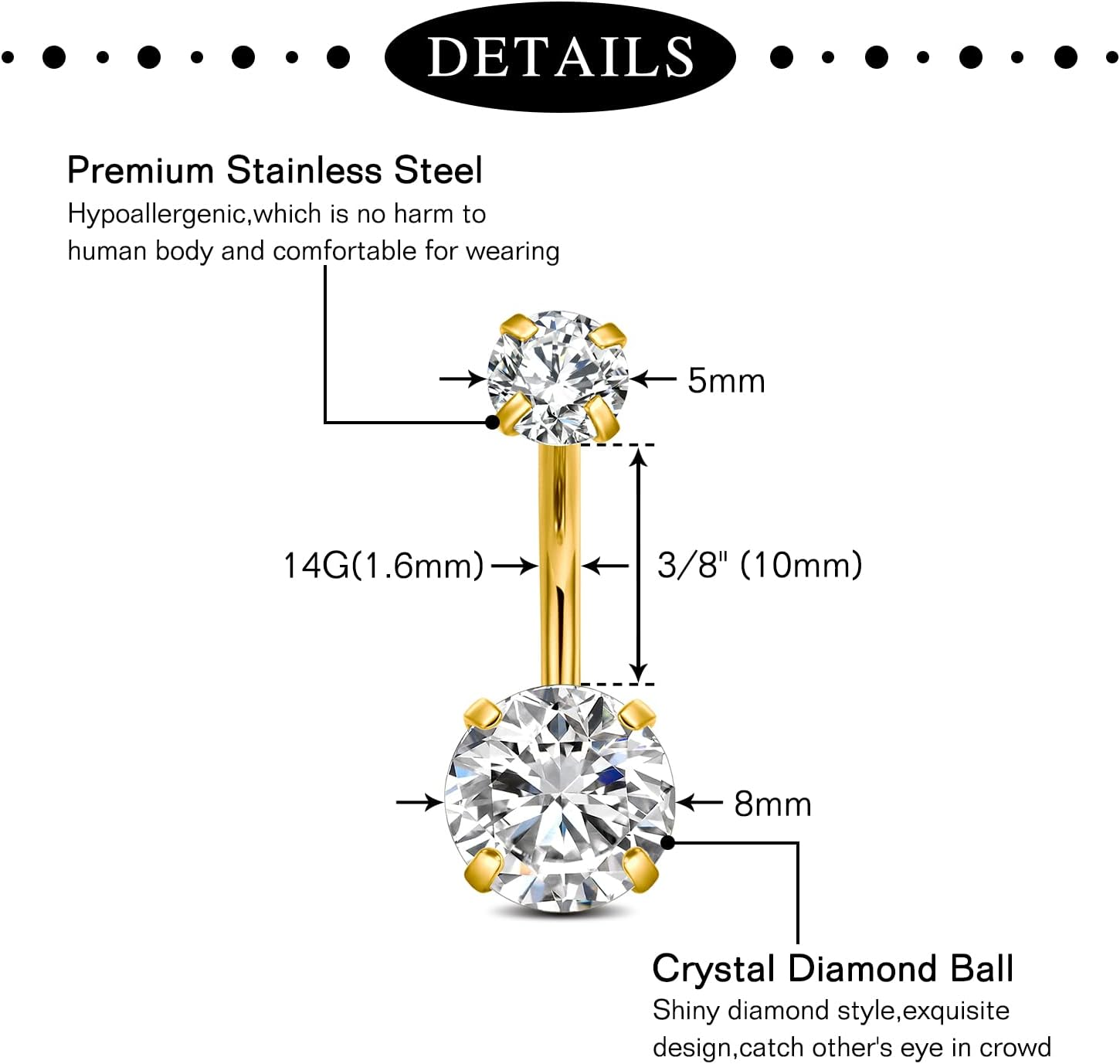 Incaton 14G Belly Button Rings Stainless Steel Dangling Butterfly Heart Diamond Belly Rings Dangle Navel Piercing Jewelry for Women image number 5