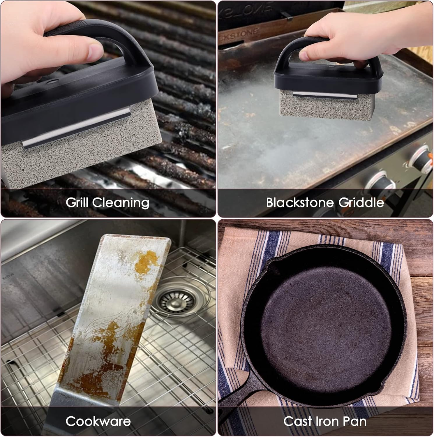 Blackstone Griddle Cleaning Brick Block Heavy Duty Grill Cleaning Stone Bricks Non Scratch Flat Top Seasoning Stone Griddle Scrubber Cleaner Remove Greases Stains Residue -3 Pack with Handle image number 6