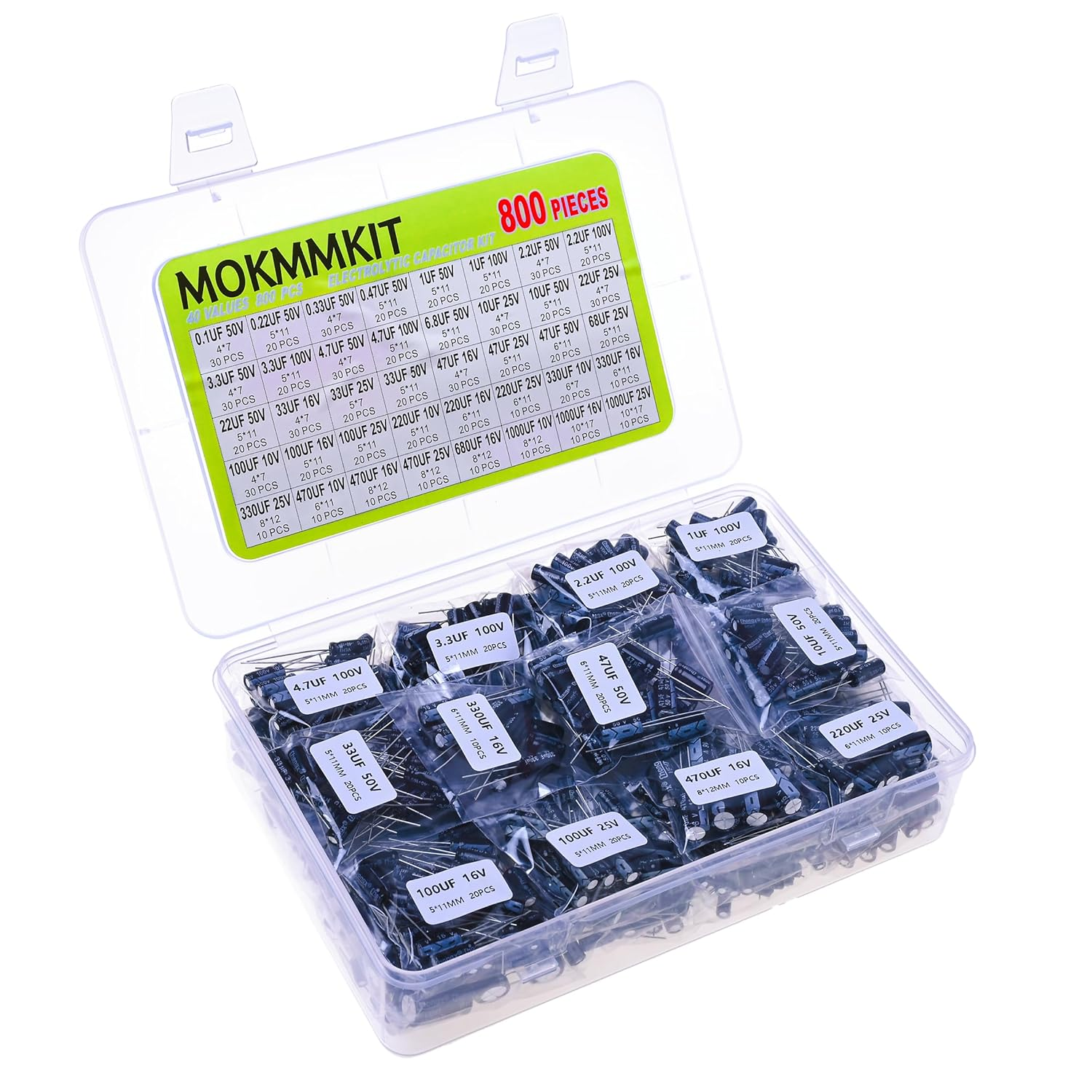 40 Values 800 Pieces, 0.1Uf-1000Uf, 10V 16V 25V 50V 100V, Electrolytic Capacitor Assortment Kit, DIY In-Line Aluminum Capacitors Set, Direct Insertion Series image number 5