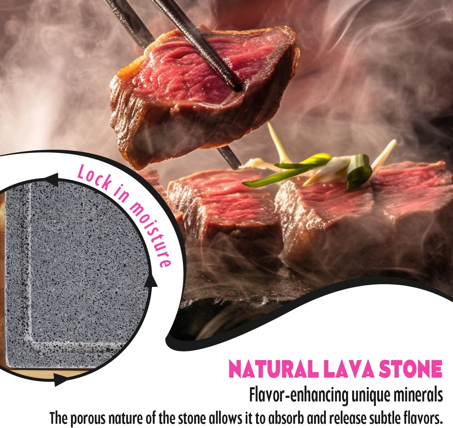 Artestia Extra Large Lava Stone for Cooking Steak, Hot Stone Plates Tabletop Grill, Sizzling Stone Grill Cooking Platter for Meat, BBQ Lava Steak Stones with Bamboo Platter (13.66"*8.93") image number 3