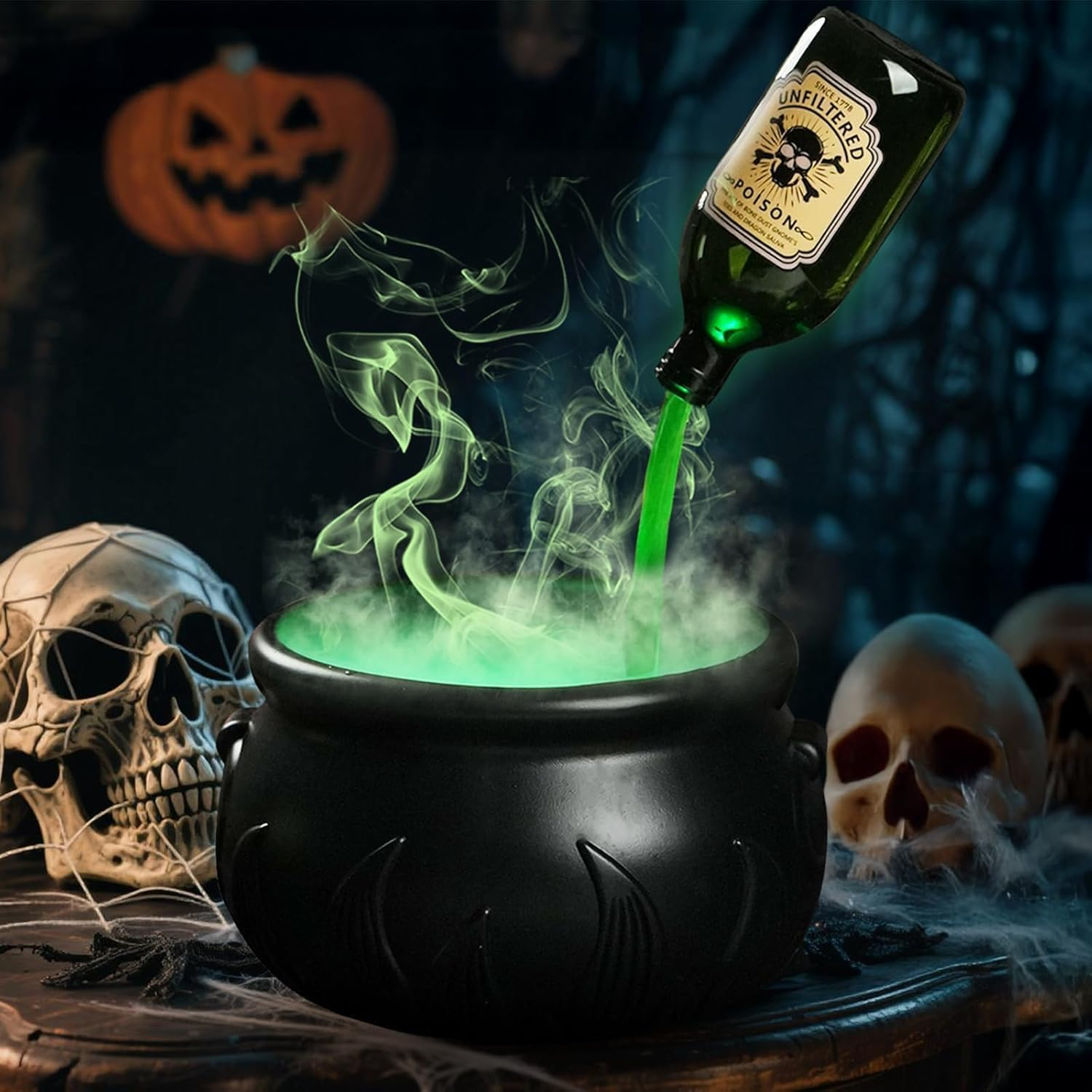 Magic Floating Potion Cauldron with Magic Floating Potion Bottles and Diffuser, Black Plastic Witches Bowl, Spooky Vintage Black Plastic Bowl for Hocus Pocus Party Spooky Vintage Home Kitchen Table