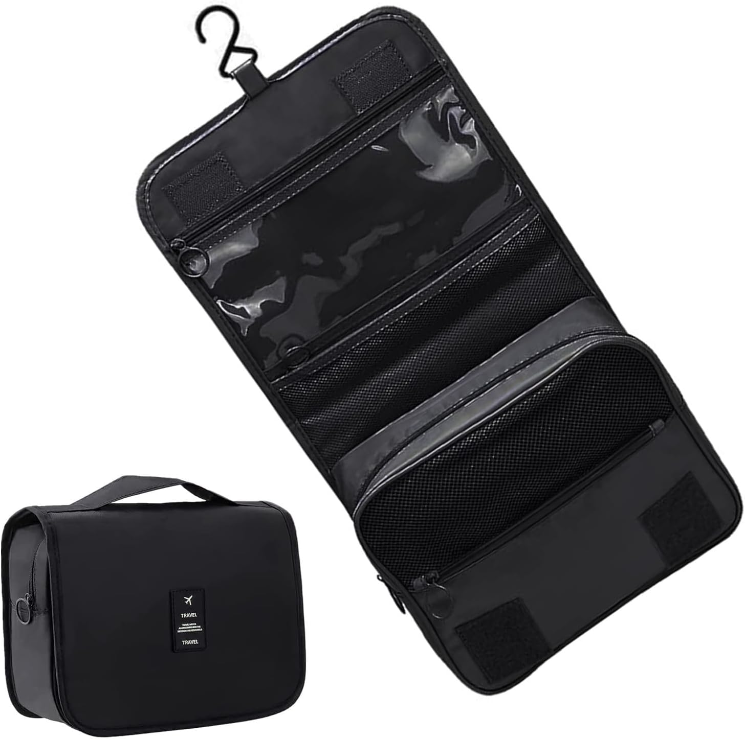 JCZD Hanging Toiletry Bag, Travel Wash Bag for Women Portable Folding Cosmetic Organizer Large Capacity Girls Makeup Bag Waterproof Shower Bag with Separate Compartment (Black)